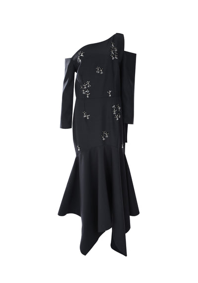 OFF SHOULDER LONG SLEEVED FIT AND FLARE DRESS WITH COLOUR-MATCH EMBROIDERY ON ARMS AND DRAPING