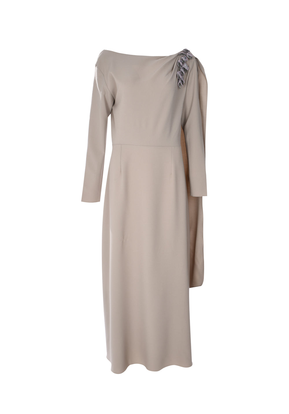 MAXI DRESS WITH ELBOW LENGTH SLEEVES  DRAPED V-LINE BACK AND EMBROIDERED EMBELLISHMENTS