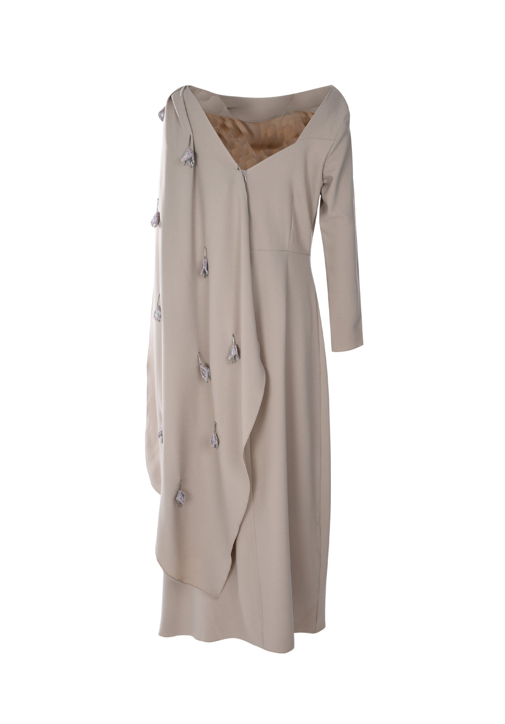 MAXI DRESS WITH ELBOW LENGTH SLEEVES  DRAPED V-LINE BACK AND EMBROIDERED EMBELLISHMENTS