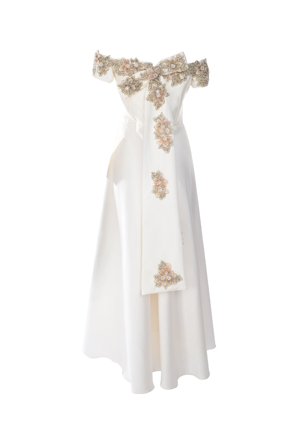 SHORT SLEEVED SQUARE NECK DRESS WITH EMBROIDERED EMBELLISHMENTS ON THE NECK LINE AND BACK