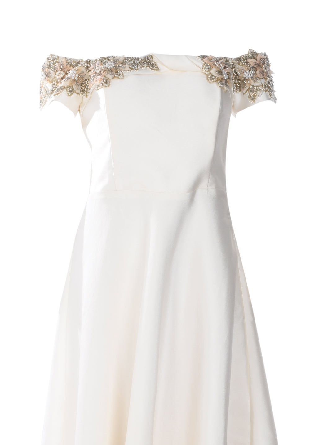 SHORT SLEEVED SQUARE NECK DRESS WITH EMBROIDERED EMBELLISHMENTS ON THE NECK LINE AND BACK