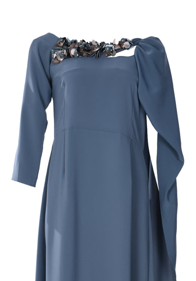 SINGLE LONGSLEEVED DRESS WITH EMBELLISHMENTS ON THE NECK LINE AND DRAPED ARM