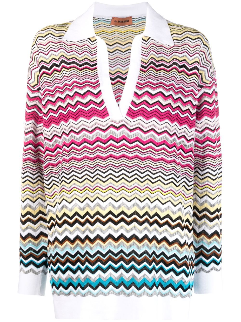 Long-sleeved oversized polo shirt with chevron pattern