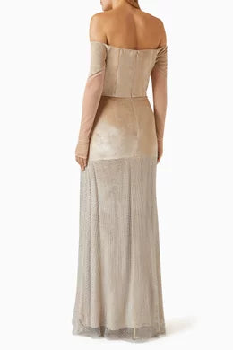 BAZZA ALZOUMAN off-shoulder rhinestone-embellished gown