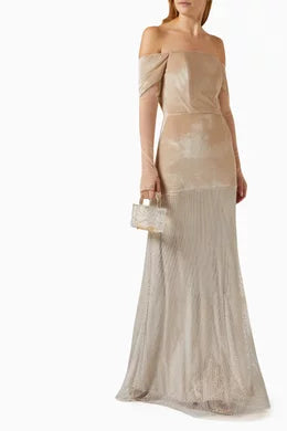 BAZZA ALZOUMAN off-shoulder rhinestone-embellished gown