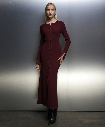 PHILOSOPHY BY LORENZO SERAFINI BURGUNDY, RIBBED MAXI DRESS فستان ماكسي 