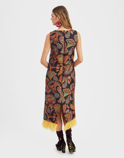 Column Dress Sicomore Black in Jacquard With Feathers