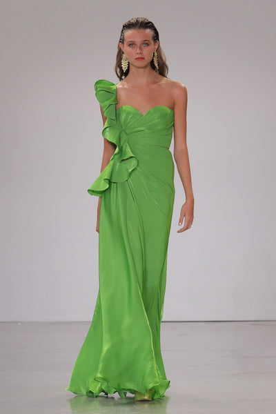 One-Shoulder Pleated Leaf Evening Gown