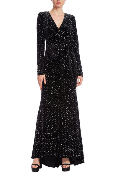 Long-Sleeved Pearled Velvet Column Gown with Bow