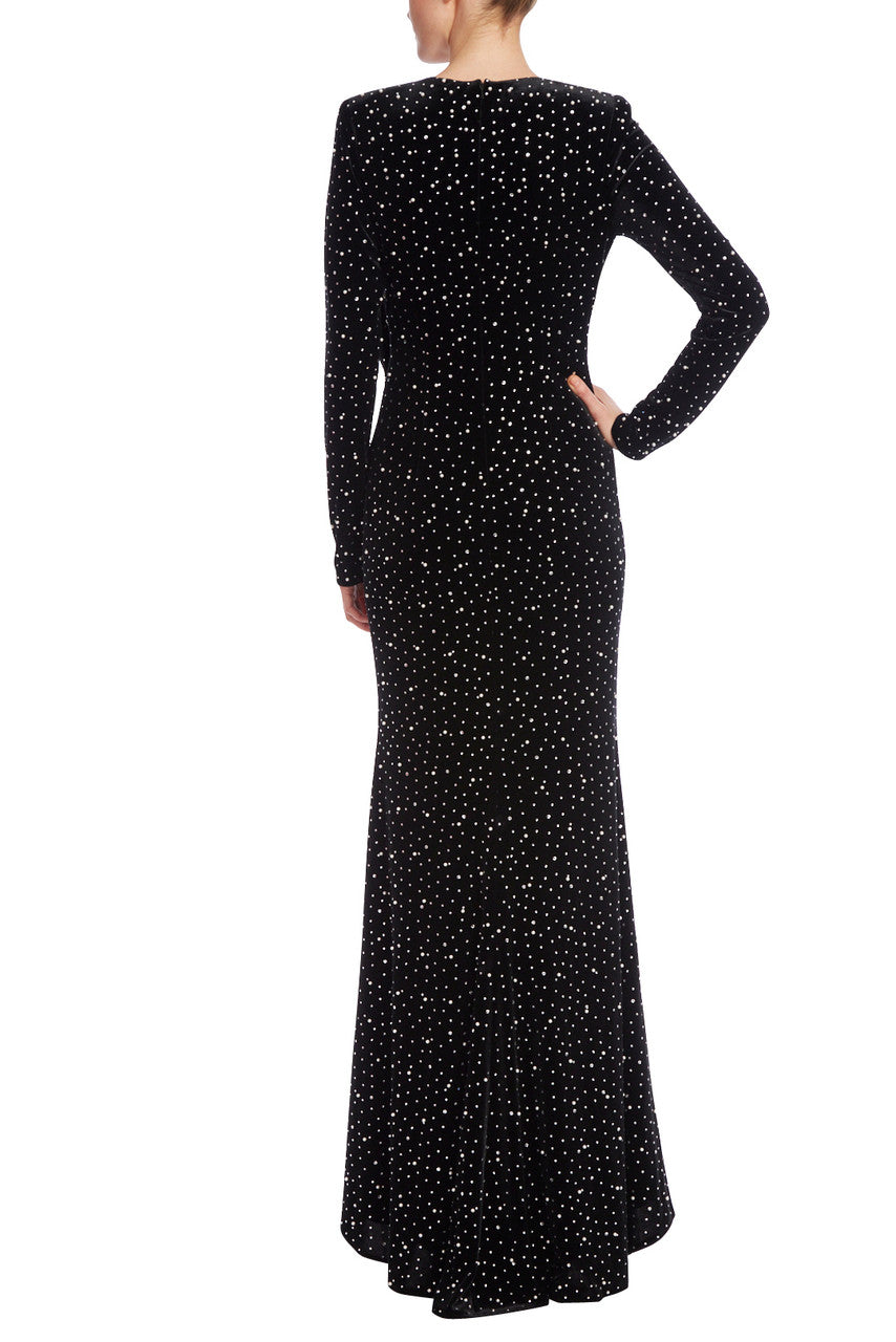 Long-Sleeved Pearled Velvet Column Gown with Bow