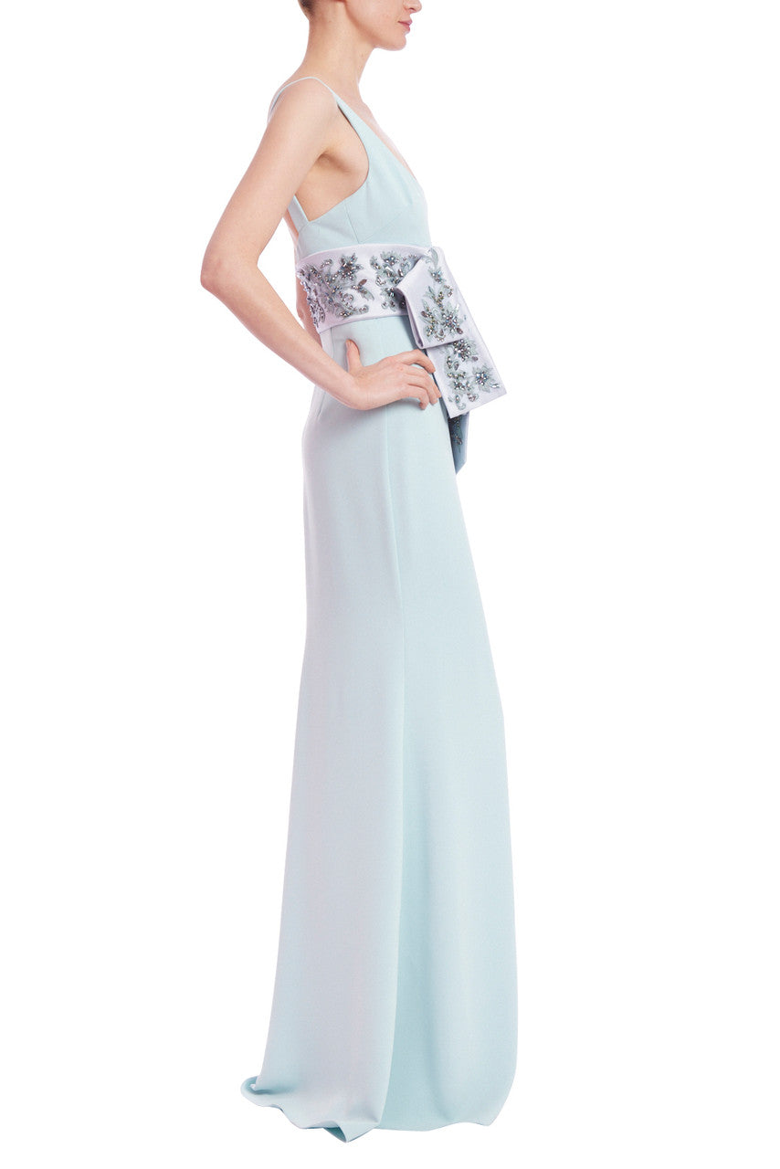 Scoop Neck Column Gown with Embellished Sash