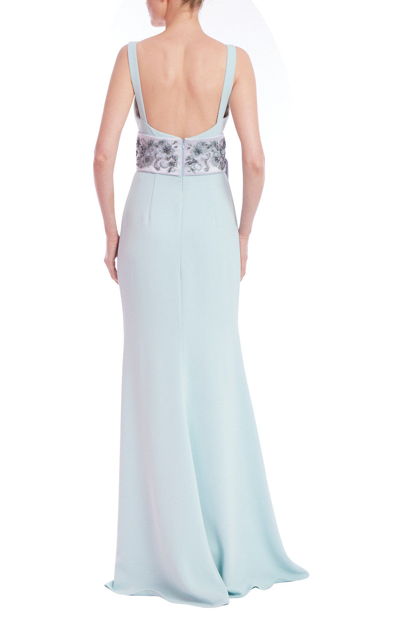 Scoop Neck Column Gown with Embellished Sash