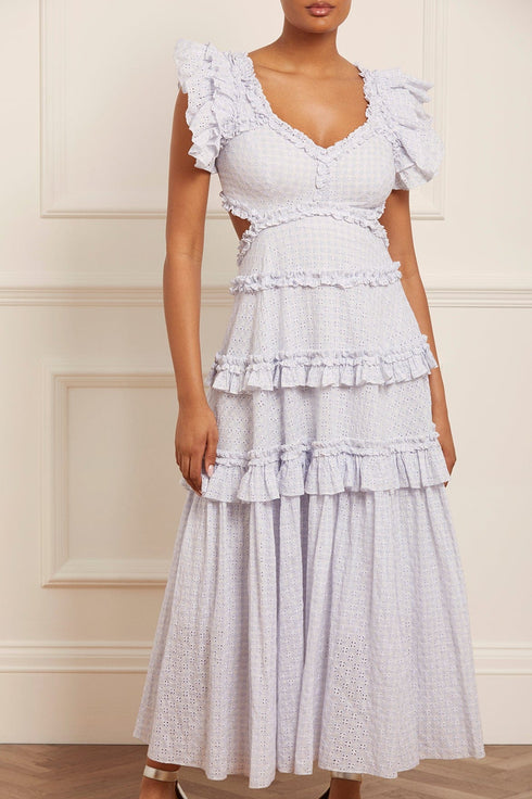 GINGHAM BRODERIE BACKLESS ANKLE GOWN