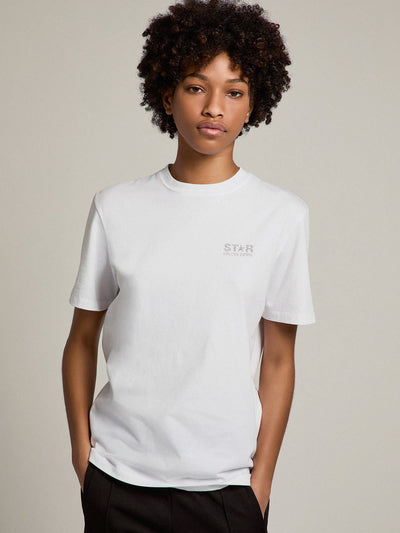 Women's white T-shirt with silver glitter logo and star