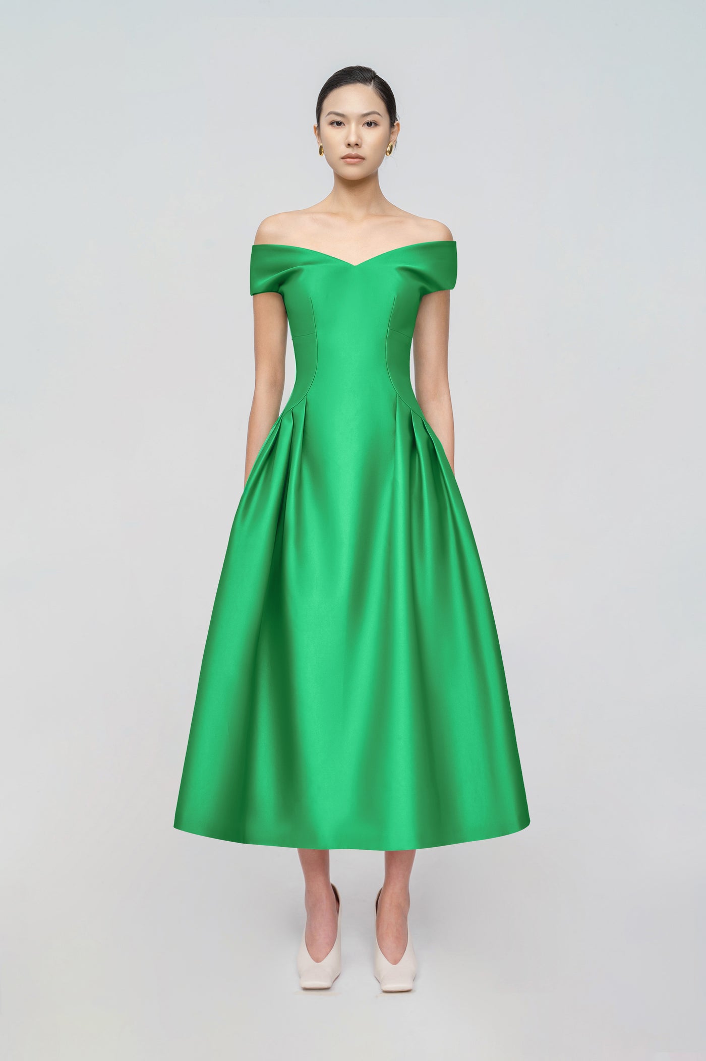 A-shape midi dress with off-shoulder neckline and pleated details