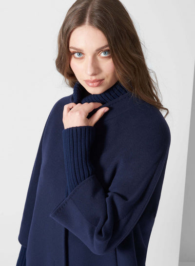 SHORT BLUE WOOL COAT WITH KNITTED DETAILS