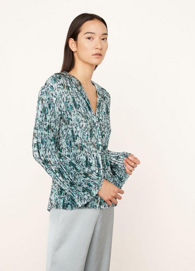 VINCE BERRY BLOOMS PLEATED BLOUSE OCEAN