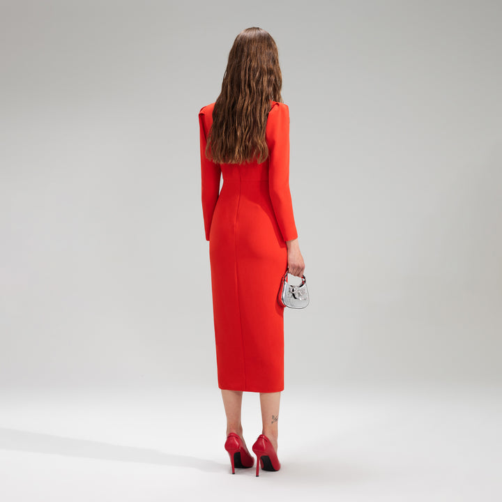 RED CREPE RUCHED MIDI DRESS