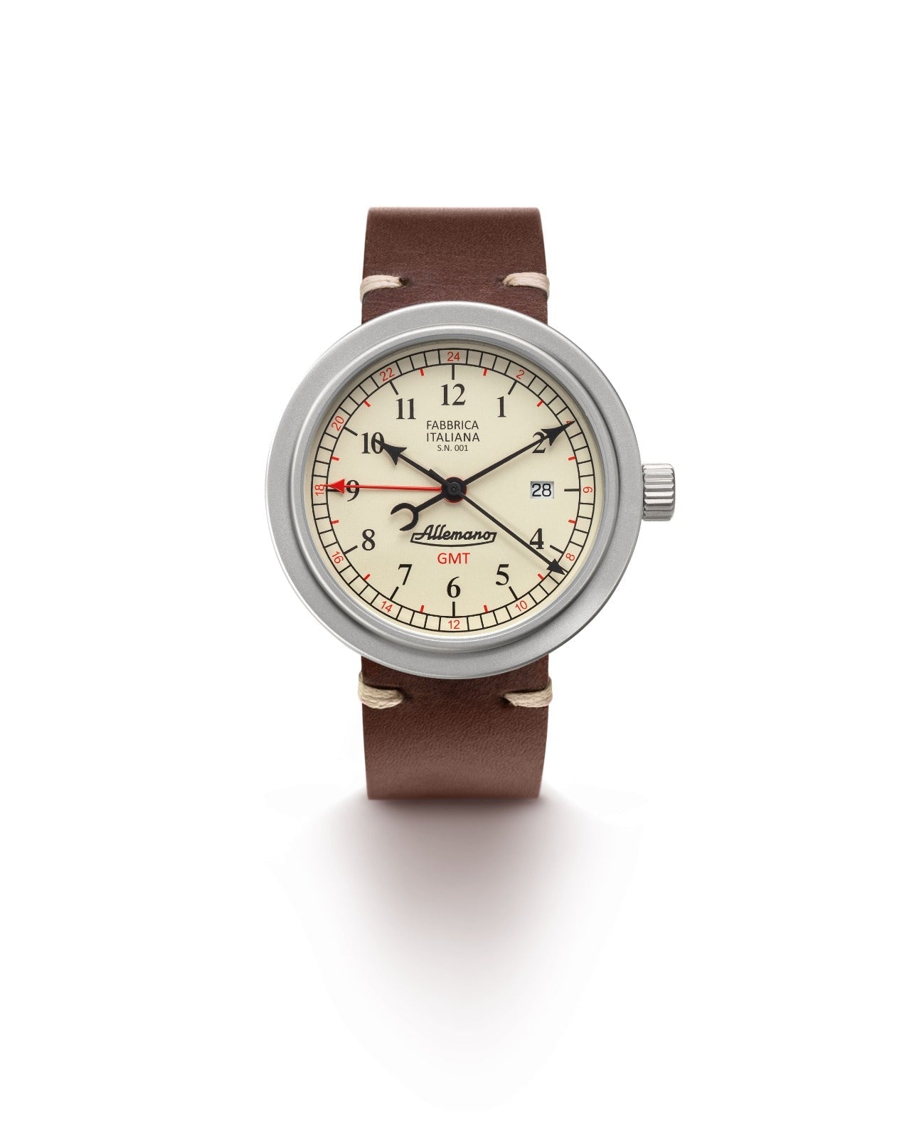 GMT BRUSHED WHITE DIAL BROWN STRAP