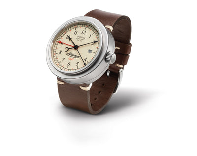 GMT BRUSHED WHITE DIAL BROWN STRAP